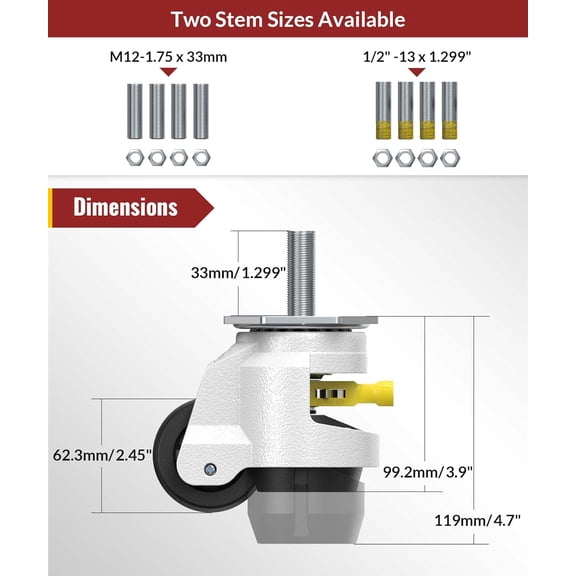 Leveling Stem Casters Set of 4 Heavy Duty Retractable Caster Wheels