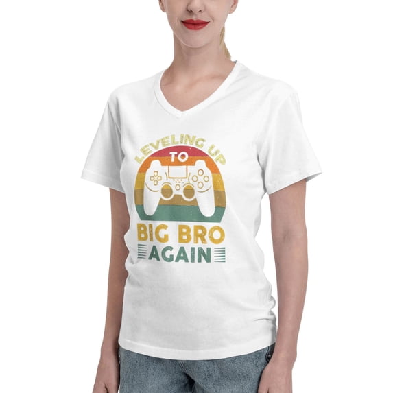 Leveling Up To Big Bro Again Women'S V Neck T Shirts White Large