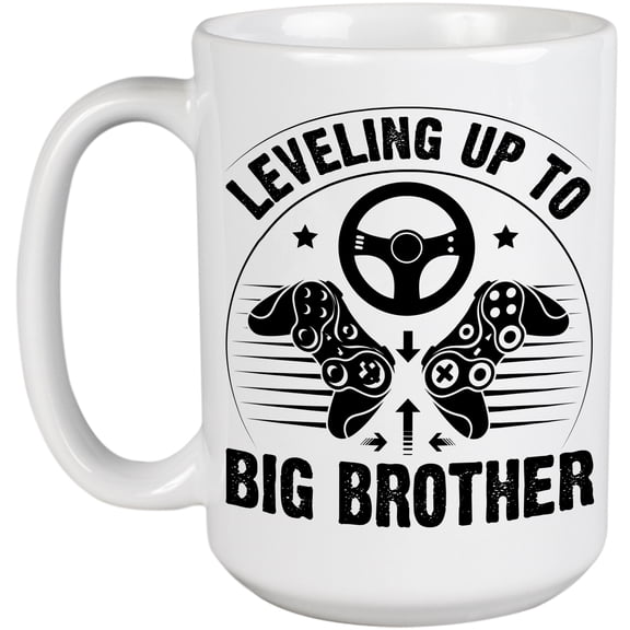 Leveling Up to Big Brother, Baby Shower, Pregnancy Announcement or Video Gamer Birthday, White 15oz Ceramic Mug