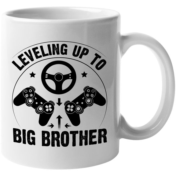 Leveling Up to Big Brother, Video Gamer Birthday, Pregnancy Announcement, Baby Shower, White 11oz Ceramic Mug