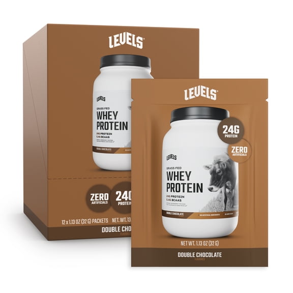 Levels Grass Fed Whey Protein Packets, No Artificials, 24g of Protein, Double Chocolate, 12 Count