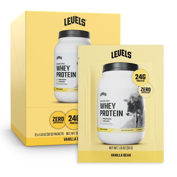 Levels Grass Fed Whey Protein Packets, No Artificials, 24g of Protein, Vanilla, 12 Count