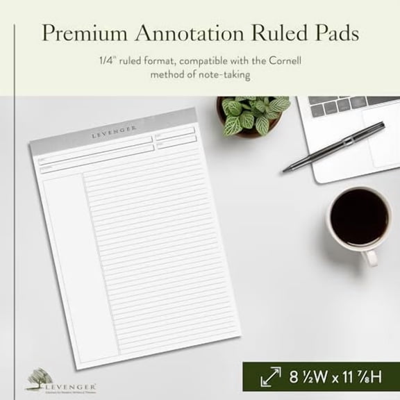 Levenger Freeleaf Luxe Annotation Ruled Writing Pads Lined Gilded Notepad, Compatible with Cornell Note-Taking System, Pack of 5, Silver, Letter