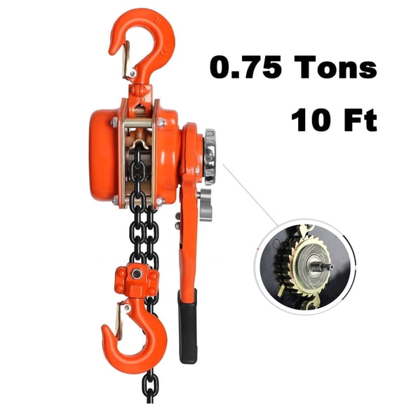 Lever Chain fall Hoist, 3/4 Ton 1650 lbs Capacity 10 FT with 2 Heavy Duty Hooks , G80 Galvanized Carbon Steel with Double-Pawl Brake, for Garage Factory Dock