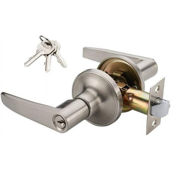 Lever Keyed Entry Door Lever Handle Lock, Universal Door Knob Hardware (MR802ET) Nickel Brushed