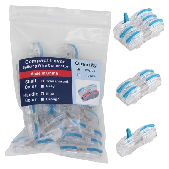 Lever Nuts Wire Connectors Bag of 25, 1 Conductor Quick Connect Electrical Splicing Connectors Easy to Operate Clamp Lever Terminals (Blue Handle and Transparent White Shell)