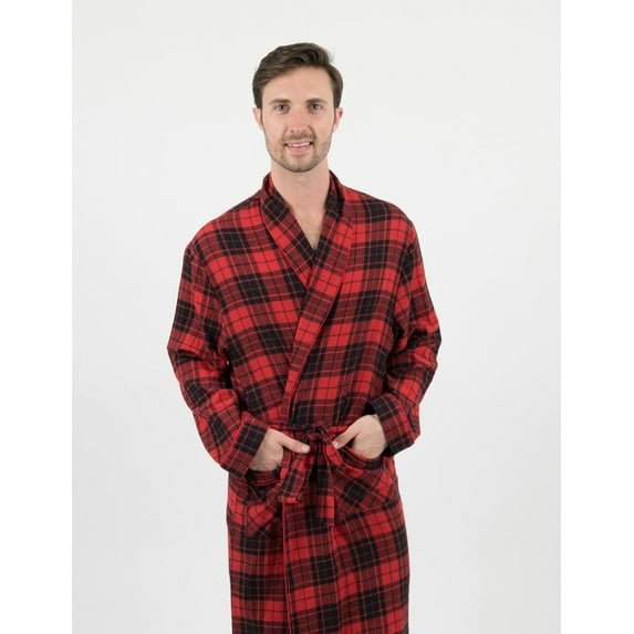 Leveret Mens Flannel Robe Black & Red Plaid L