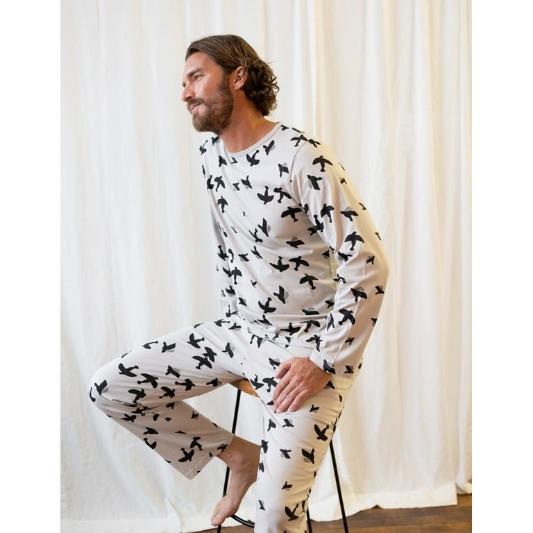 Leveret Mens Two Piece Cotton Pajamas Bird Grey S