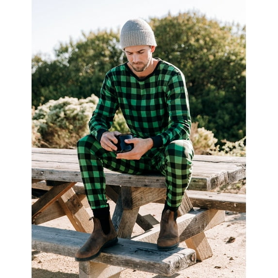 Leveret Mens Two Piece Cotton Pajamas Black & Green Plaid S