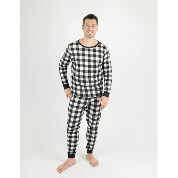 Leveret Mens Two Piece Cotton Pajamas Black & White Plaid L