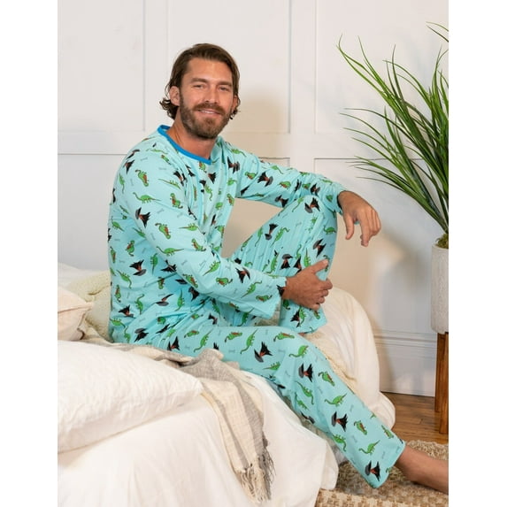 Leveret Mens Two Piece Cotton Pajamas Dinosaur Blue M