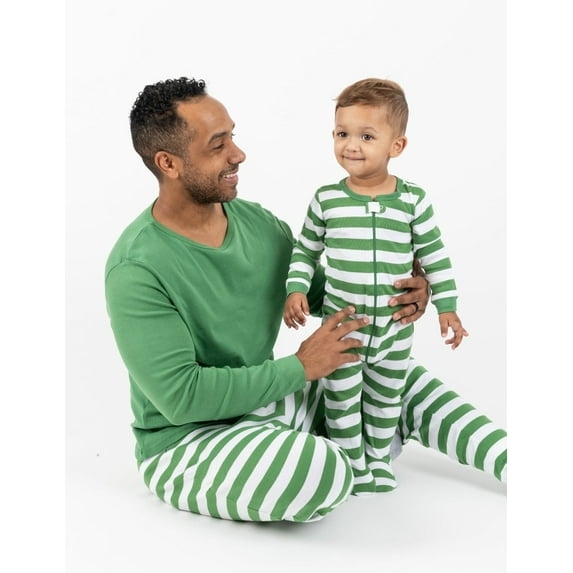 Leveret Mens Two Piece Cotton Pajamas Striped Green and Solid Top White XL
