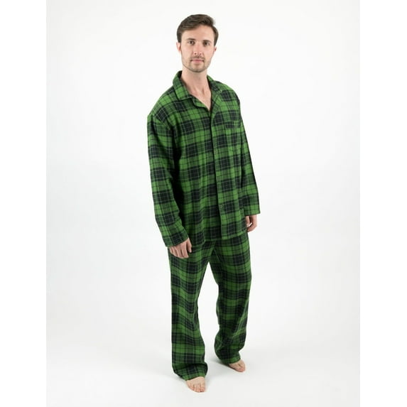 Leveret Mens Two Piece Flannel Pajamas Black & Green Plaid S