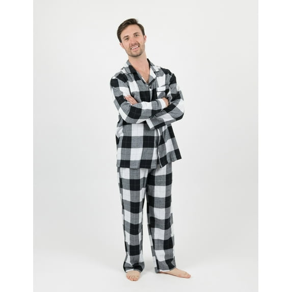 Leveret Mens Two Piece Flannel Pajamas Black & White Plaid L