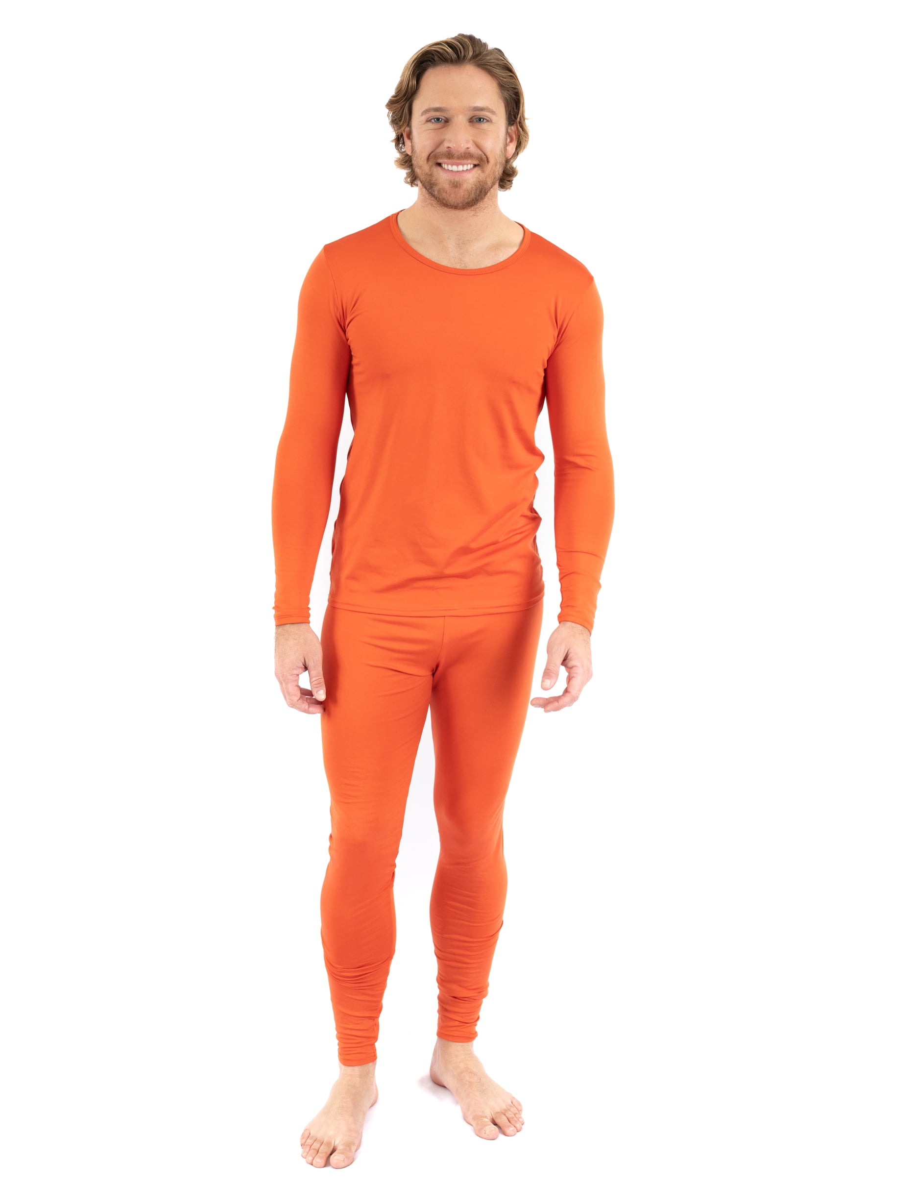 Leveret Mens Two Piece Thermal Pajamas Solid Orange L