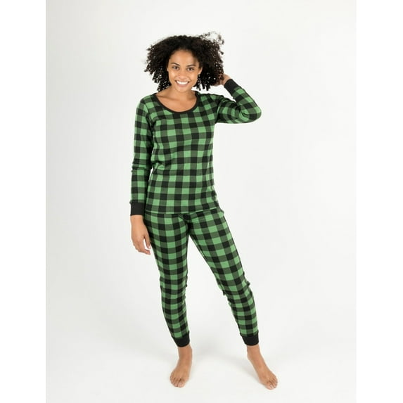 Leveret Womens Two Piece Cotton Pajamas Black & Green Plaid L