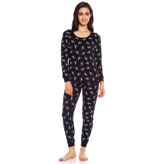 Leveret Womens Two Piece Cotton Pajamas Black Skeleton XS