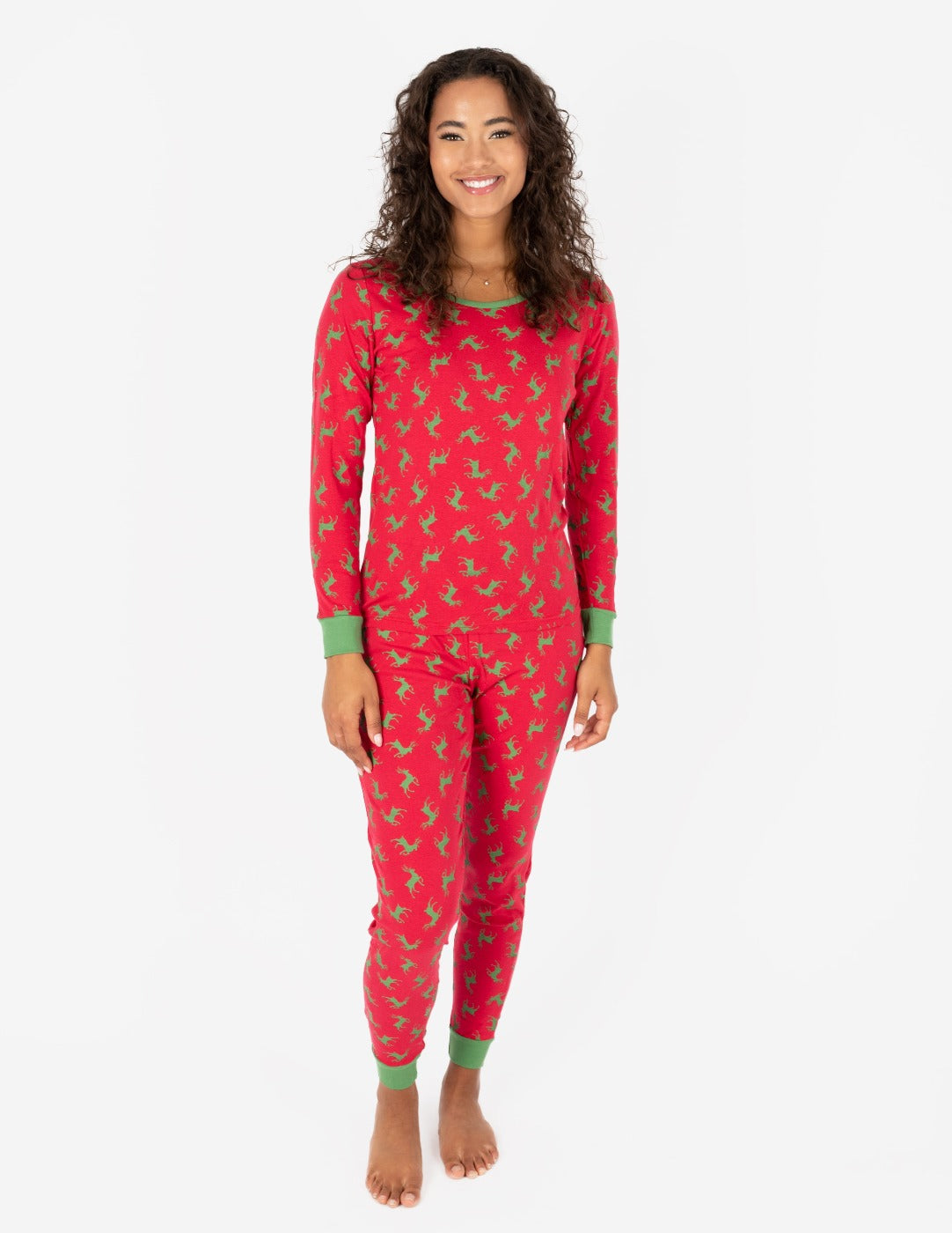 Leveret Womens Two Piece Cotton Pajamas Reindeer Red and Green XL