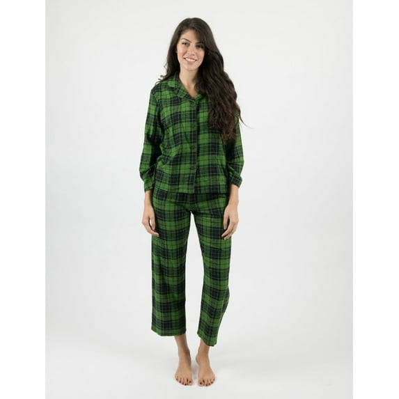 Leveret Womens Two Piece Flannel Pajamas Black & Green Plaid M