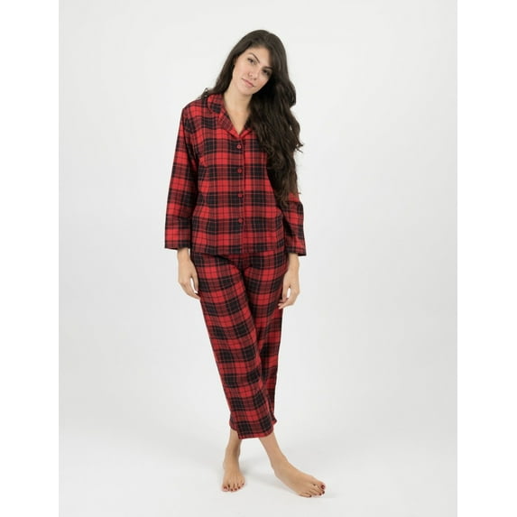 Leveret Womens Two Piece Flannel Pajamas Black & Red Plaid XS
