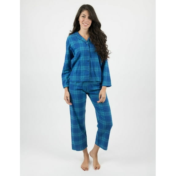 Leveret Womens Two Piece Flannel Pajamas Blue & Navy Plaid XL