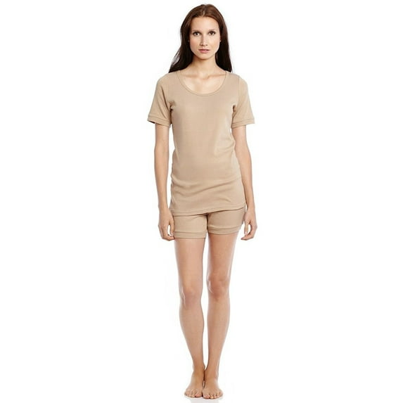 Leveret Womens Two Piece Short Cotton Pajamas Beige XL
