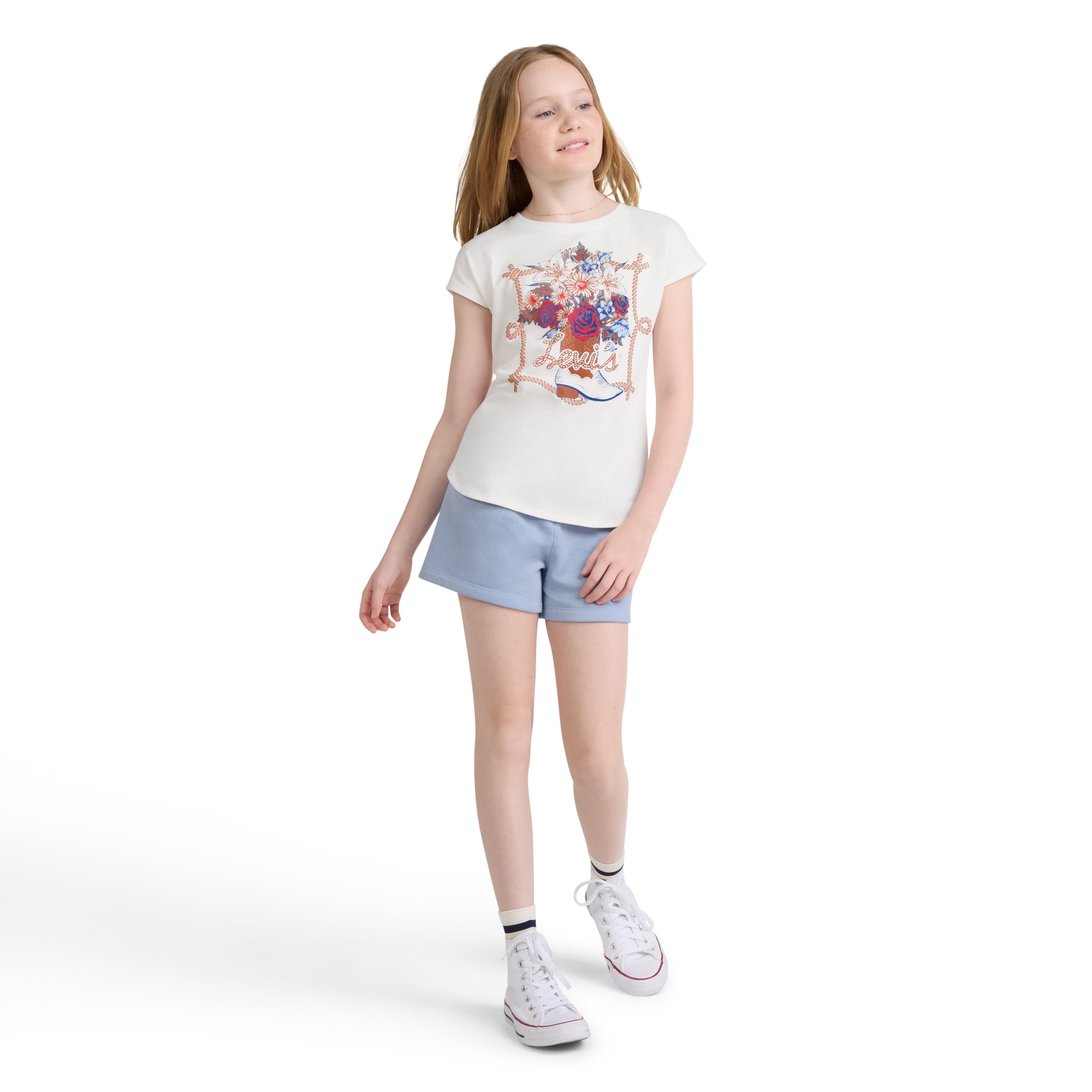 Levi Girls Short Sleeve Tee and Heathered Short Set, Size 7-16