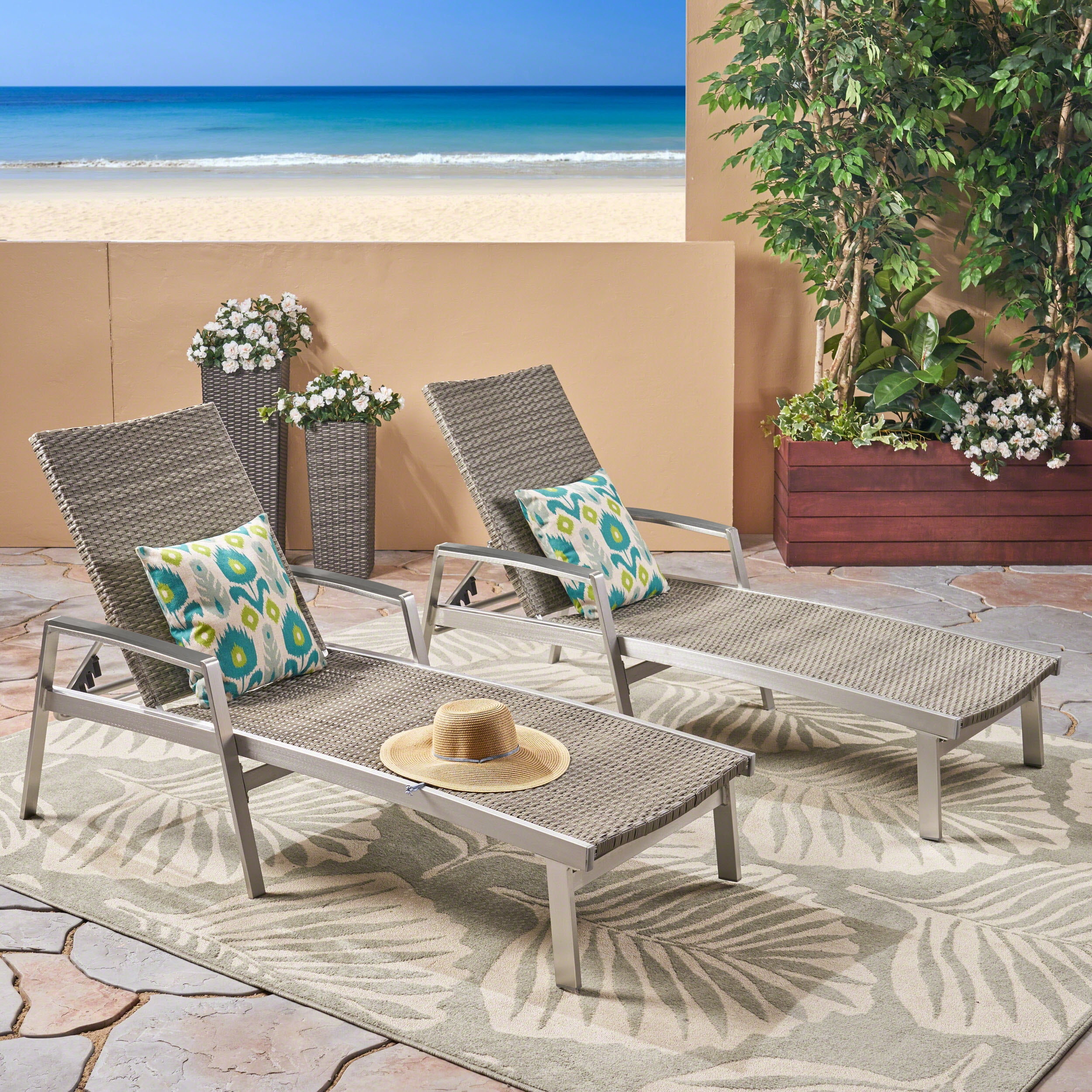 Levi Outdoor Wicker and Aluminum Chaise Lounges, Set of 2, Gray