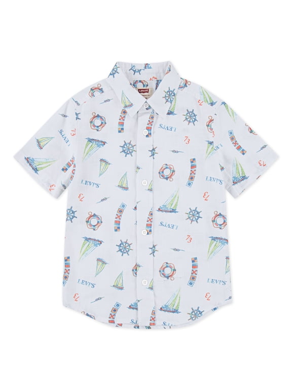 Boys' Print Textured Button Up Cotton Shirt with Short Sleeves, Sizes 8-20