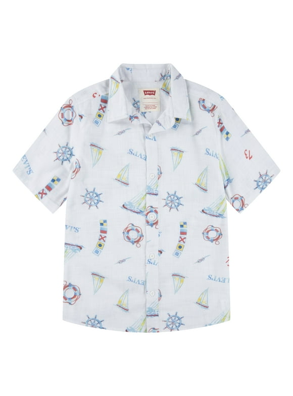 Boys' Print Textured Button Up Cotton Shirt with Short Sleeves, Sizes 8-20