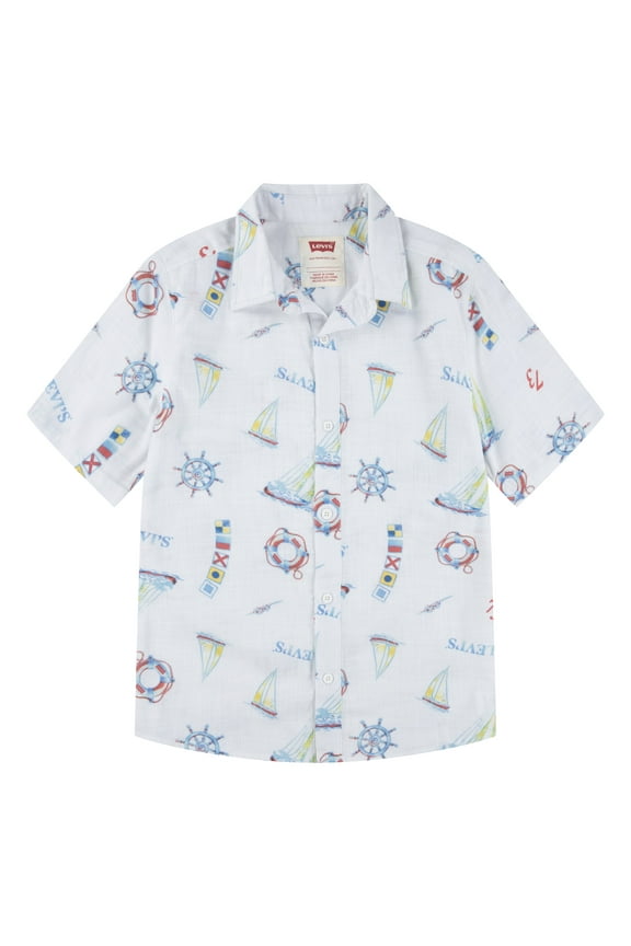 Boys' Print Textured Button Up Cotton Shirt with Short Sleeves, Sizes 8-20