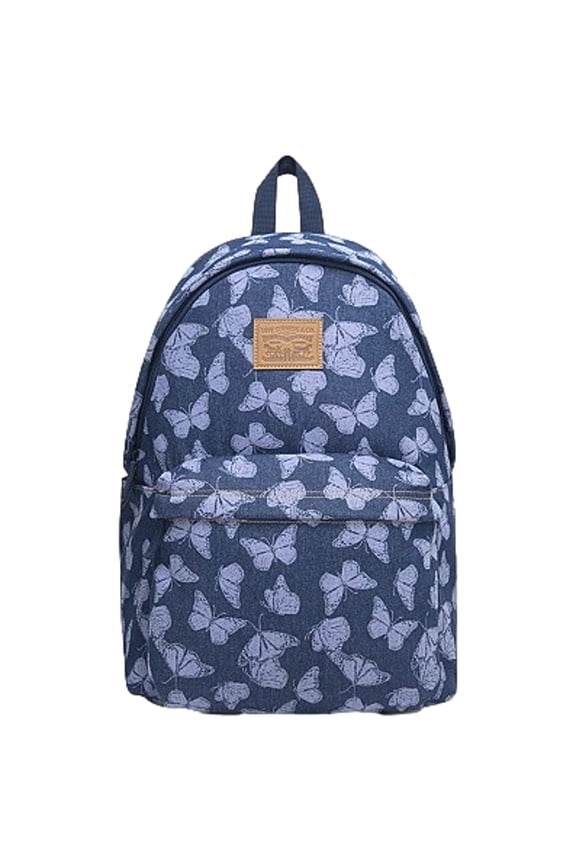 17" Denim Backpack with Butterfly Pattern & Laptop Sleeve, Denim Blue
