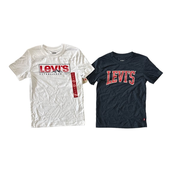 Levi's Boy's 2-Pack Short Sleeve Graphic Logo Print Crewneck Tee (White/Blue, 7/8)