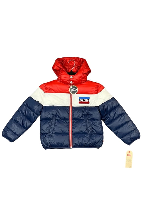 Boys Full Zip Puffer Jacket Size L(6-7) Blue Multi Hooded Water Resistant