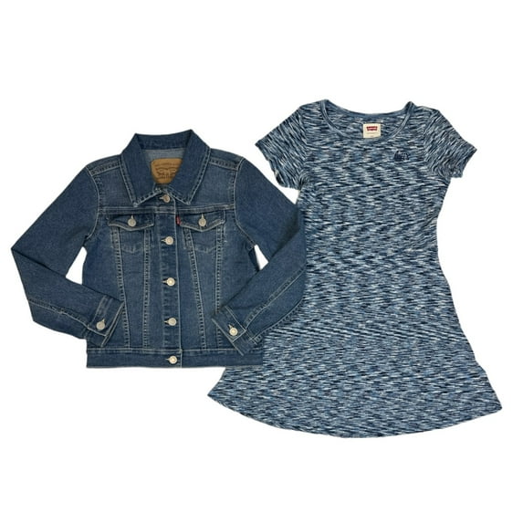 Levi's Girl's 2-Piece Denim Jacket & A-Line Style Short Sleeve Dress Set (Blue/Medium Denim, 10/12)