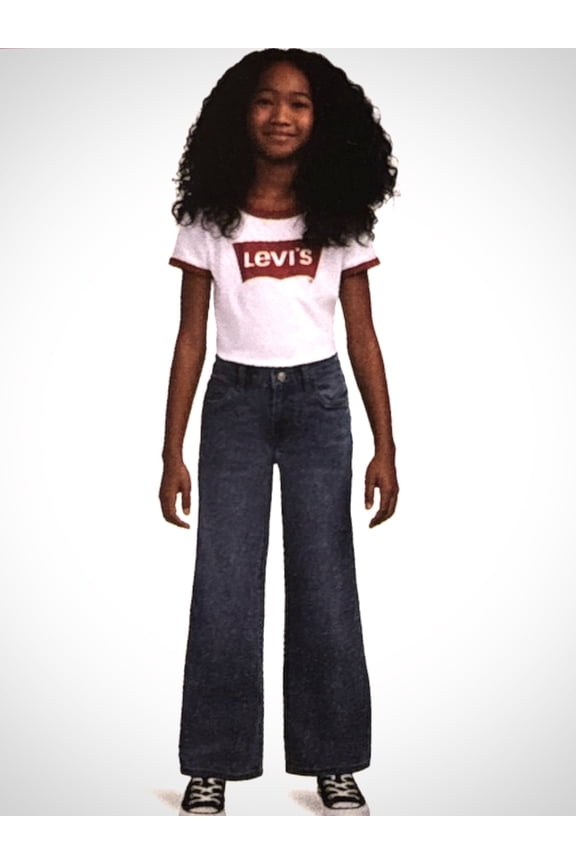Girls' Wide Leg Jeans, Stretch Denim, High Rise, Blue Wash, Size 14