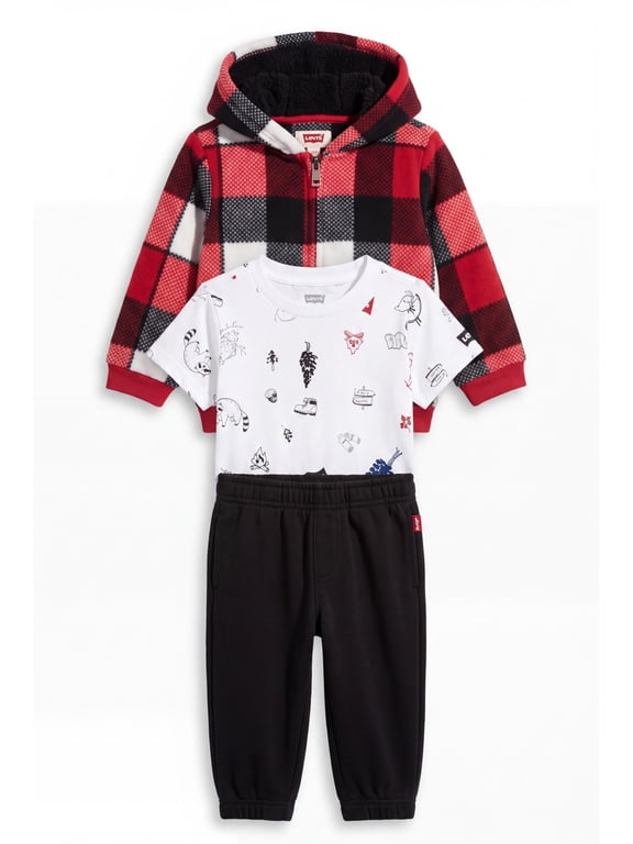 Infant Boys' 3-Piece Buffalo Plaid Hoodie, T-Shirt, and Jogger Set, Size NB-3M