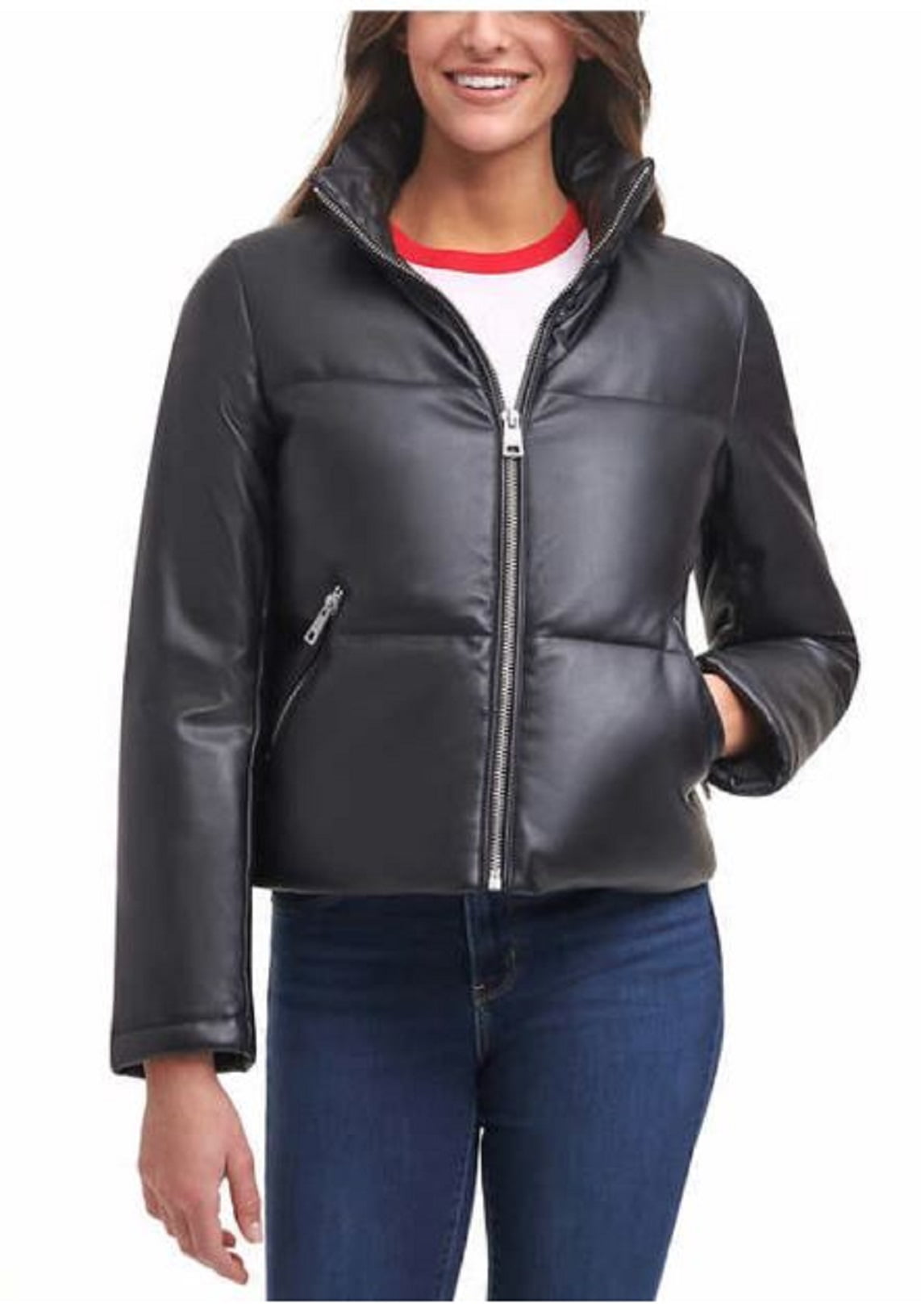 Levi's Ladies' Faux Leather Puffer Jacket (Black, Large)
