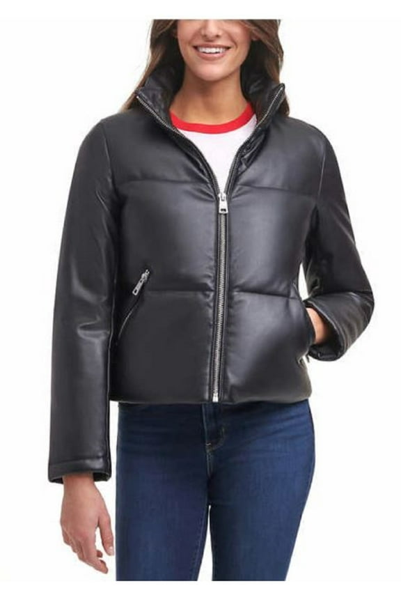 Ladies' Faux Leather Puffer Jacket (Black, Large)