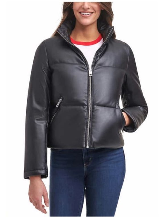 Ladies' Faux Leather Puffer Jacket (Black, Large)