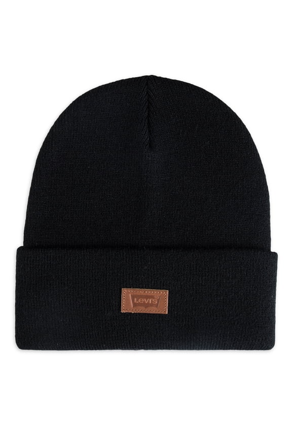 Men's All Season Leather Logo Patch Beanie Hat