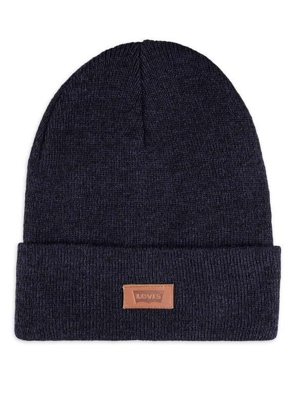 Men's All Season Leather Logo Patch Beanie Hat
