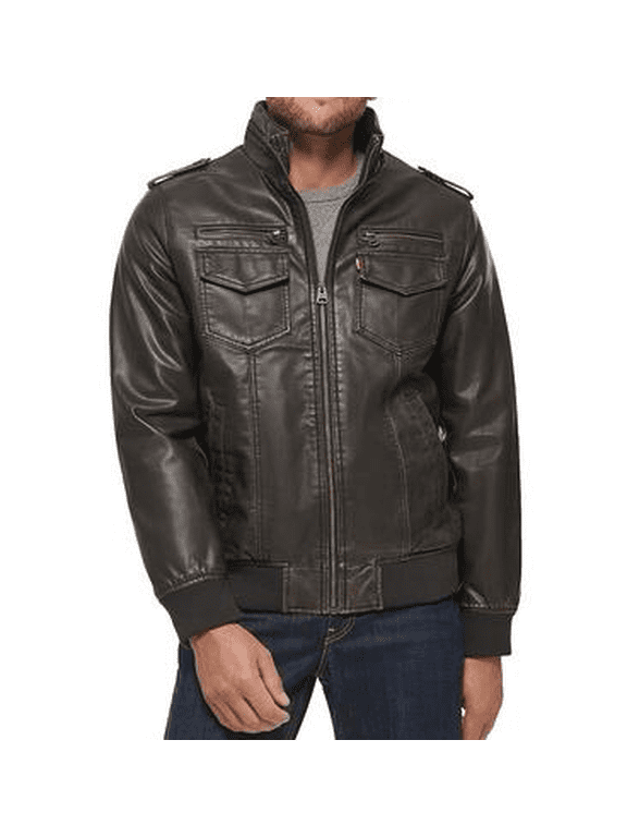 Men's Brown Faux Leather Aviator Bomber Jacket, Medium