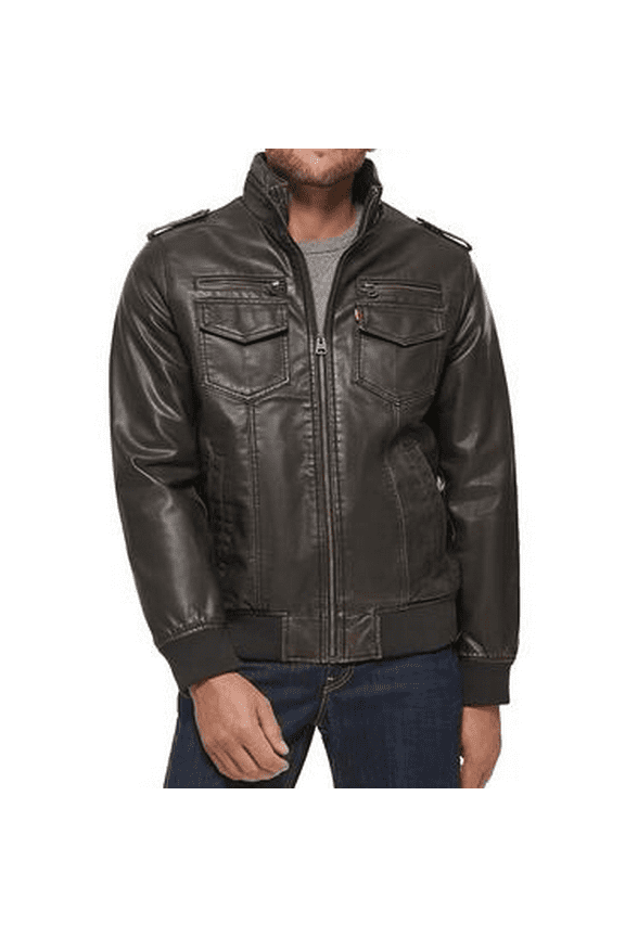 Men's Brown Faux Leather Aviator Bomber Jacket, XXL