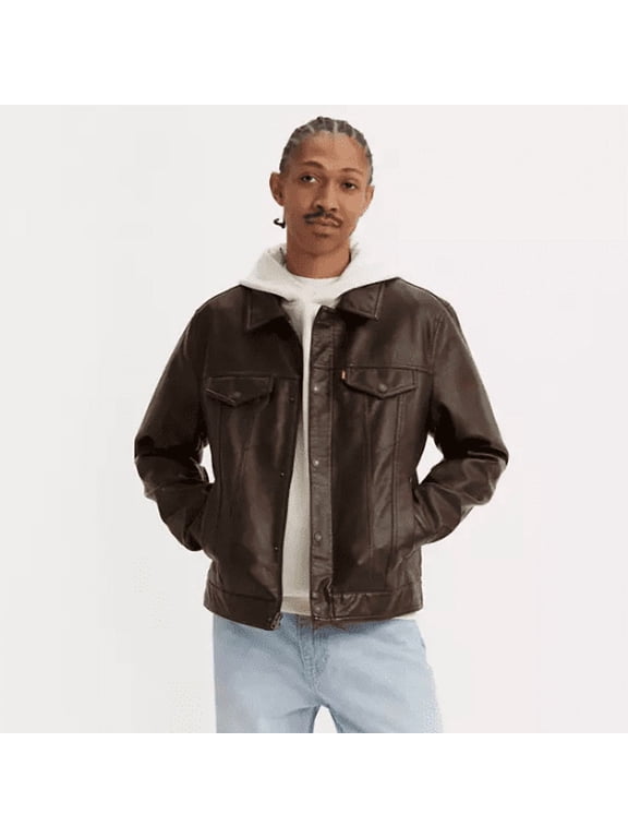 Men's Brown Faux Leather Trucker Jacket, Medium