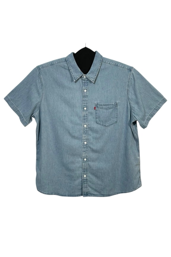 Mens Button-Up Cotton Shirt Size XXL Blue Classic Fit Casual Short Sleeve