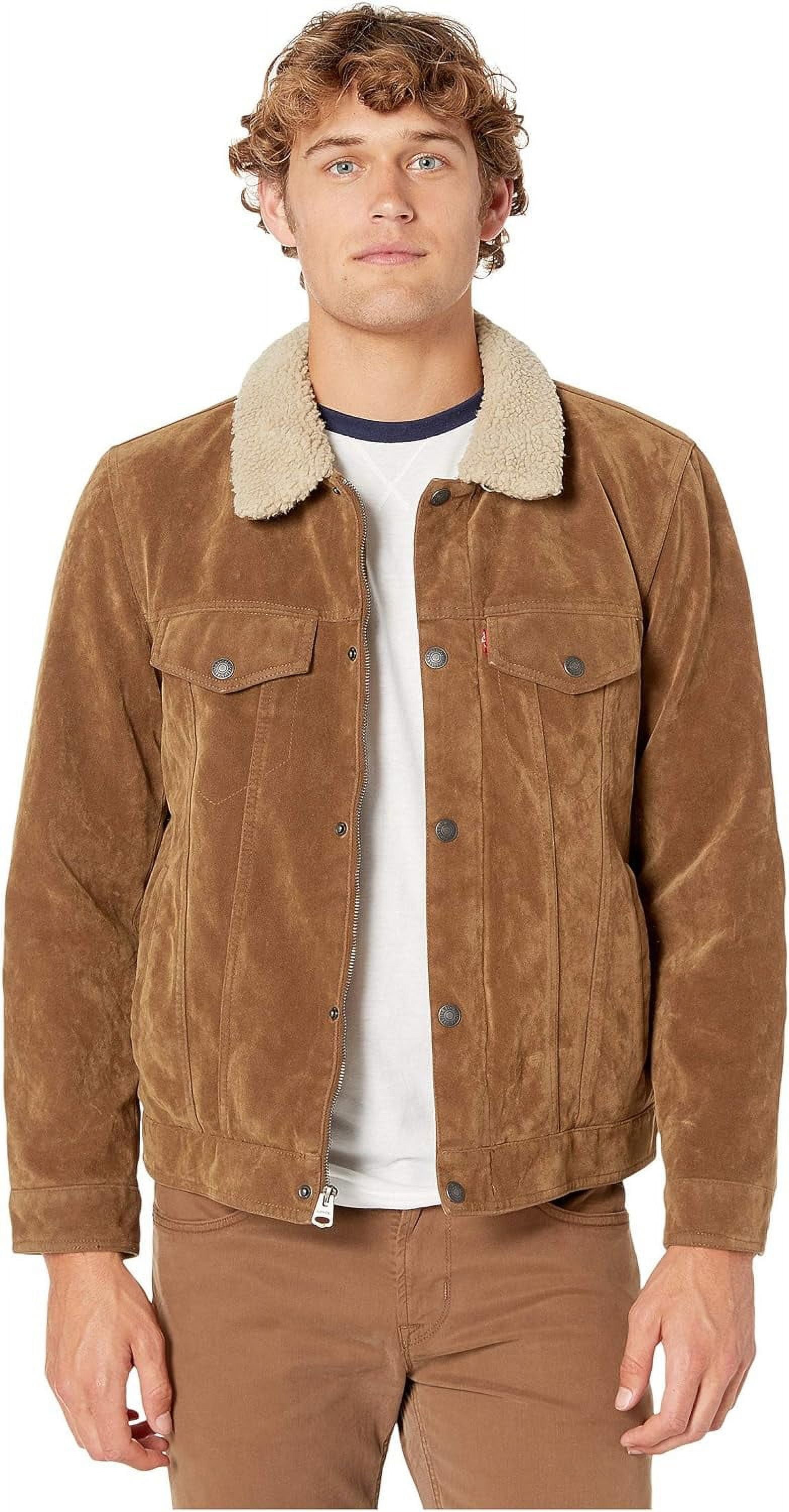 Levis Mens Faux Leather Classic Trucker Jacket Medium Cognac Faux Suede Sherpa 7243