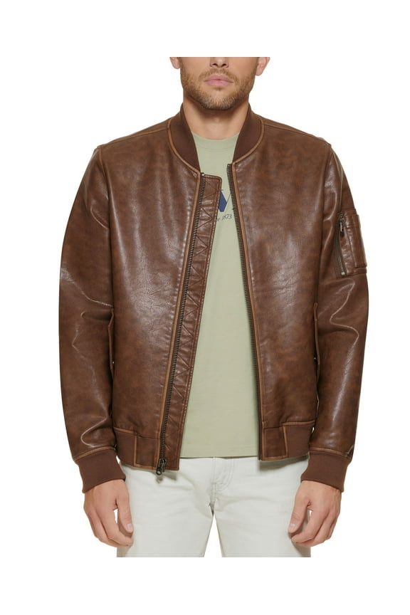 Men's Faux Leather Flight Bomber Jacket Saddle Brown Medium