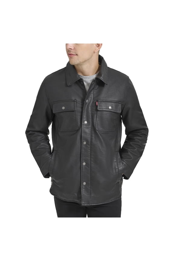 Men's Buffed Cow Faux Leather Hooded Trucker Jacket - New Black - Small