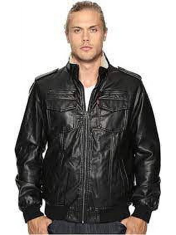 Men's Faux Leather Sherpa Aviator Bomber Jacket, Black, X-Small